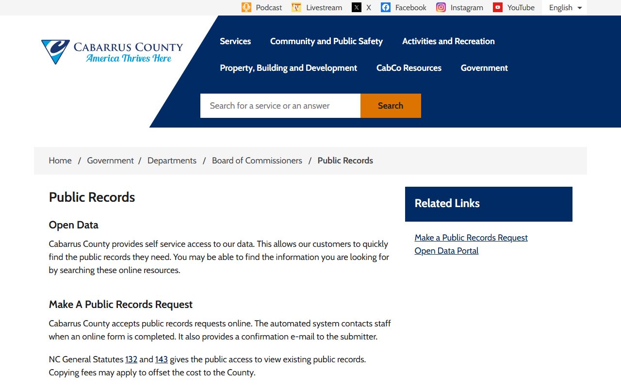 Cabarrus County phone directory public records page