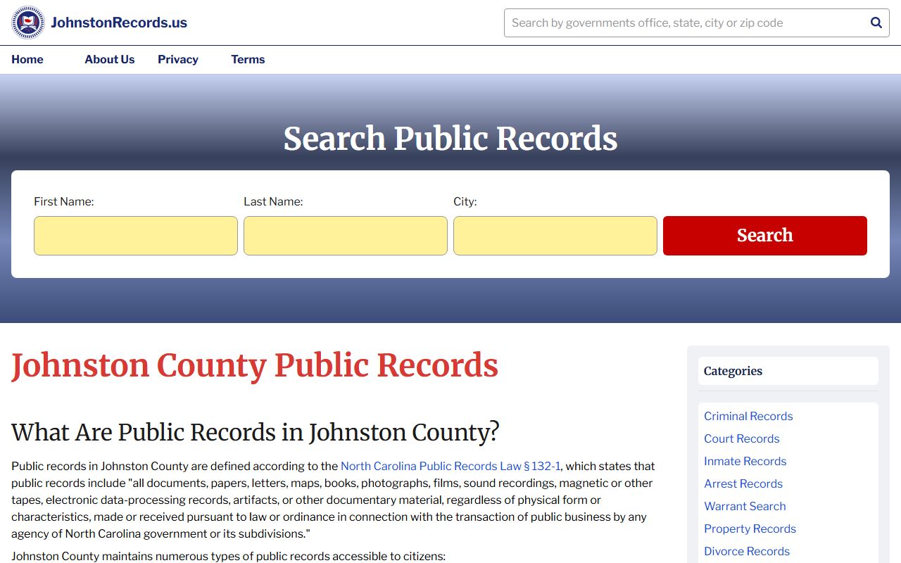 Johnston County phone directory public records page