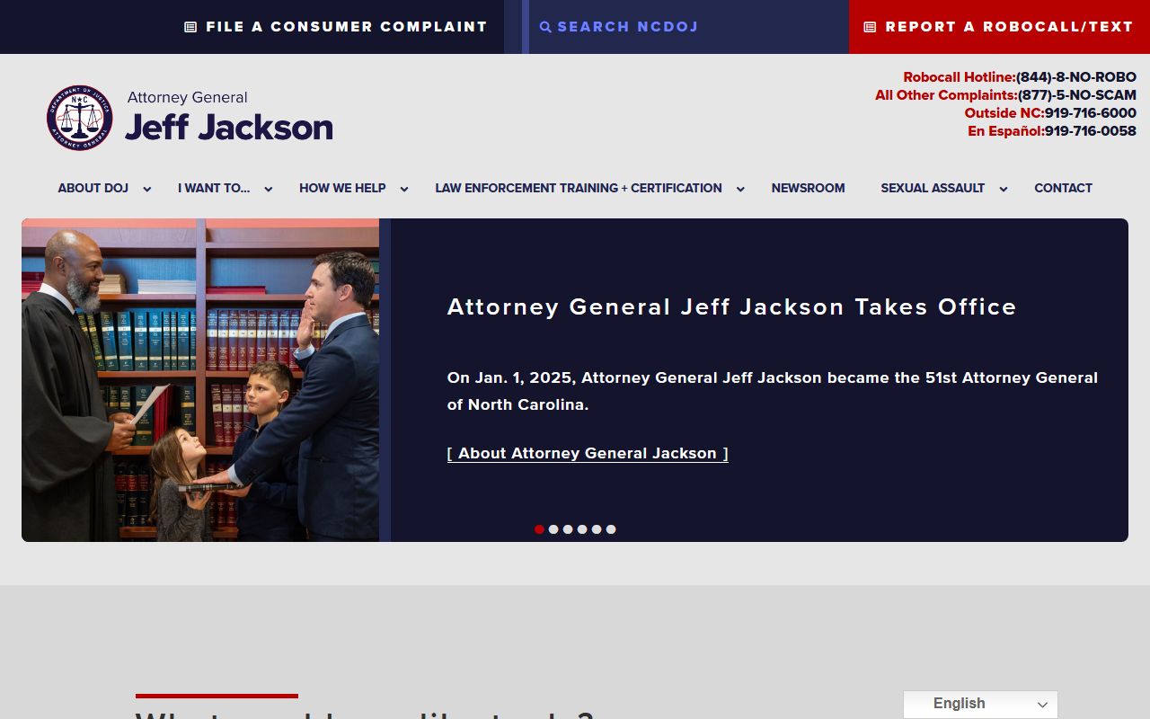 North Carolina Department of Justice phone directory contacts