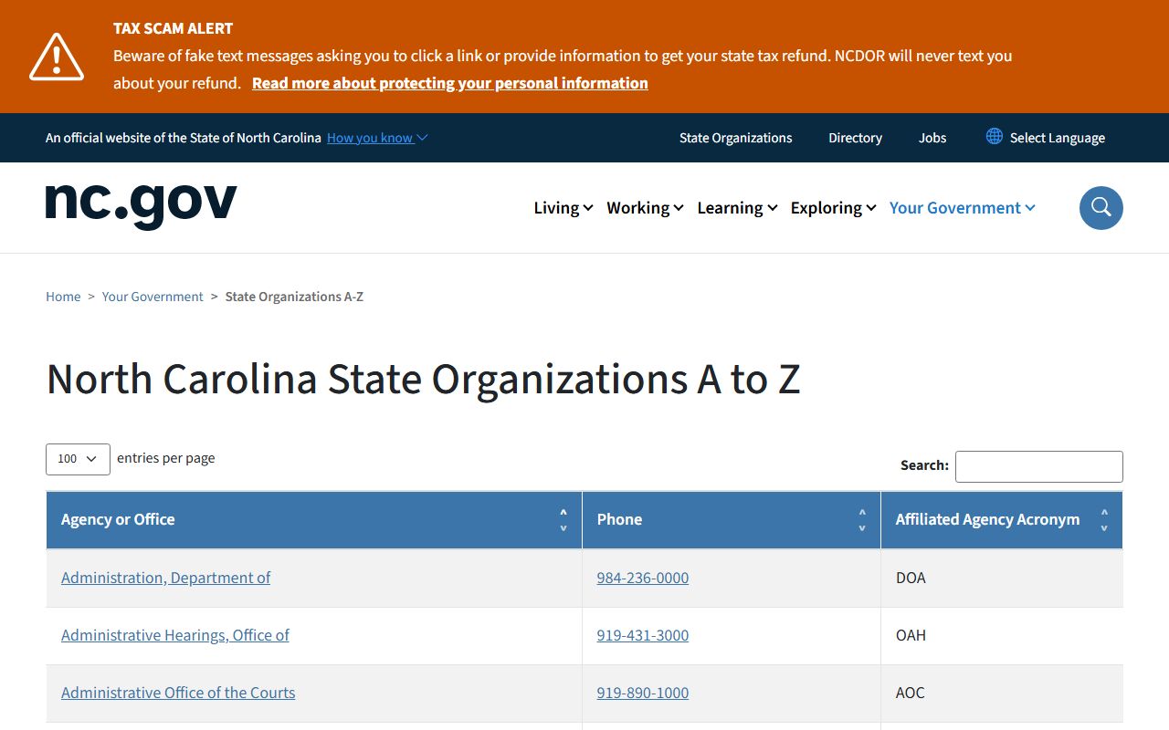 North Carolina state agency phone directory listing
